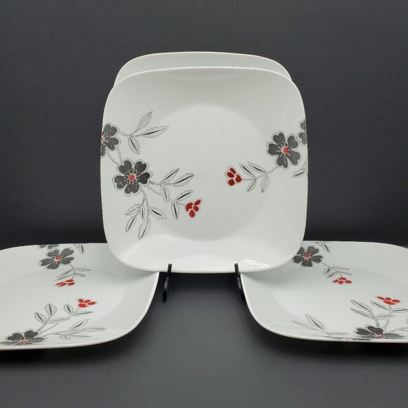 Corelle Mandarin Flower Dinner Plates Corning Red Black Flowers White Plates - Picture 1 of 11